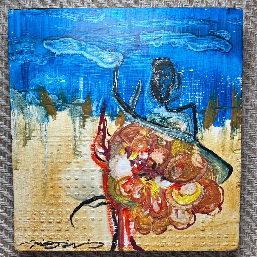 Original oil painting on wood block 7x7.25” ooak artwork signed ready to hang